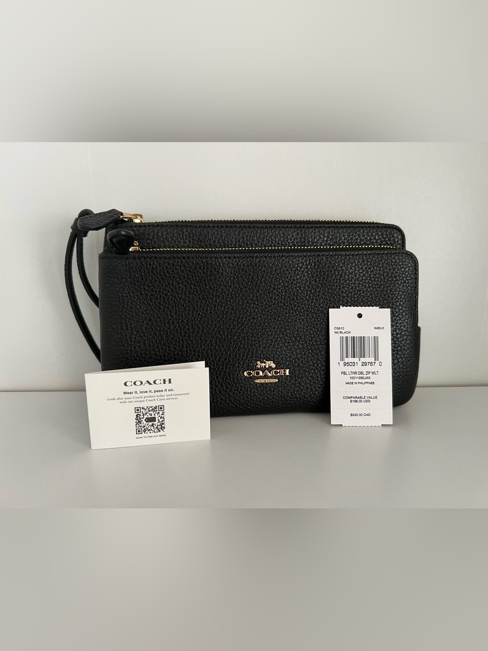 Coach Black Pebbled Leather Double Zip Wristlet with Gold Logo